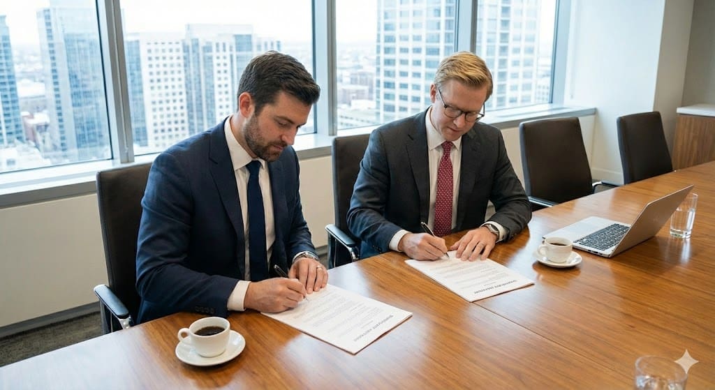 Two diverse business partners shaking hands over an Operating Agreement document, illustrating the legal process of sharing business ownership through equity compensation.