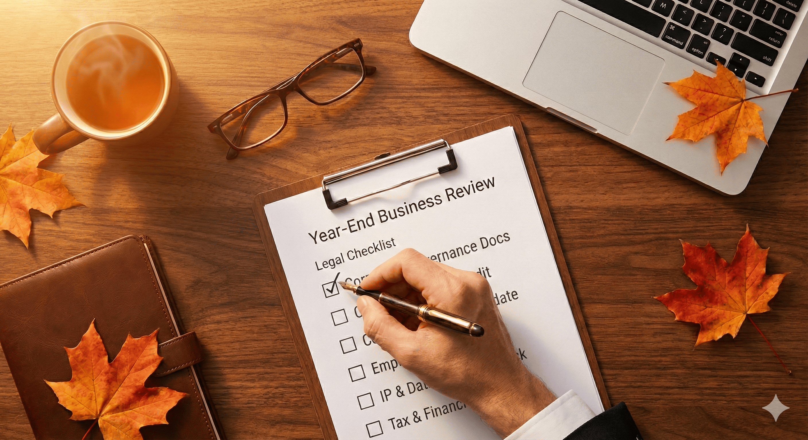 Fall Legal Checkup and Corporate Governance Review A business owner conducting a legal checkup on a wooden desk decorated with autumn leaves, reviewing a checklist for corporate governance and HR compliance