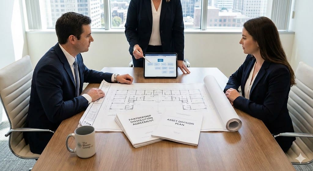 Professional business legal consultation regarding a partnership dissolution agreement and asset division plan in a modern office.