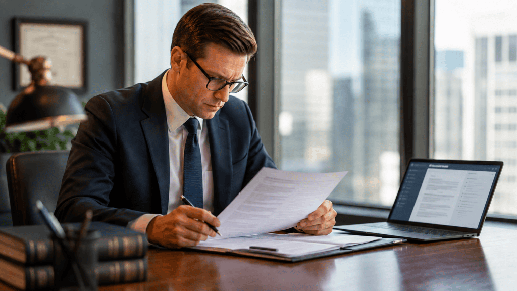 Business lawyer reviewing a contract beside a laptop displaying an AI-assisted document draft