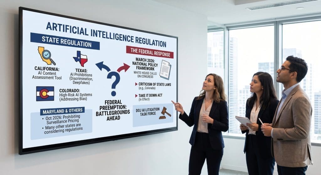 Professionals reviewing a chart comparing state AI laws and federal oversight of AI development.
